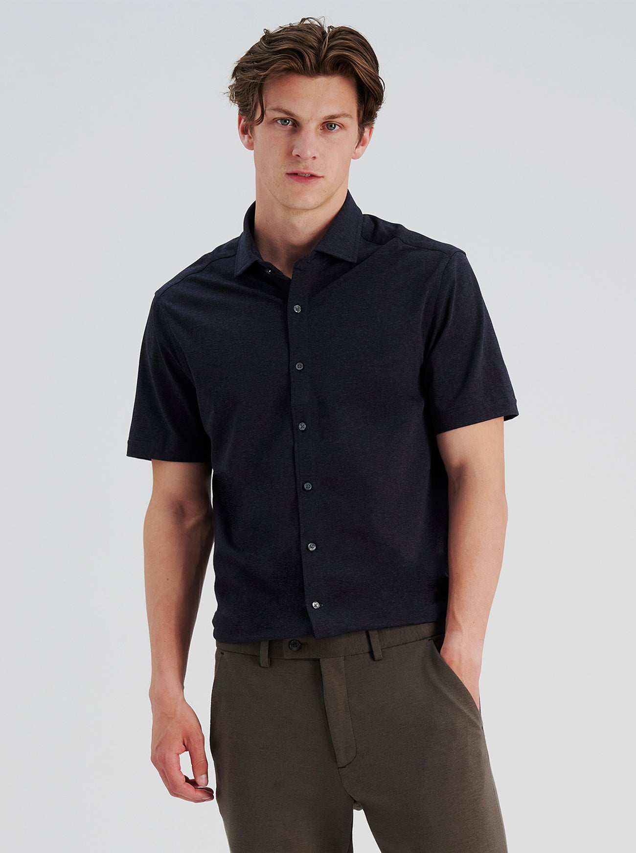 NICESTUFF short-sleeve knit button-down in navy mélange